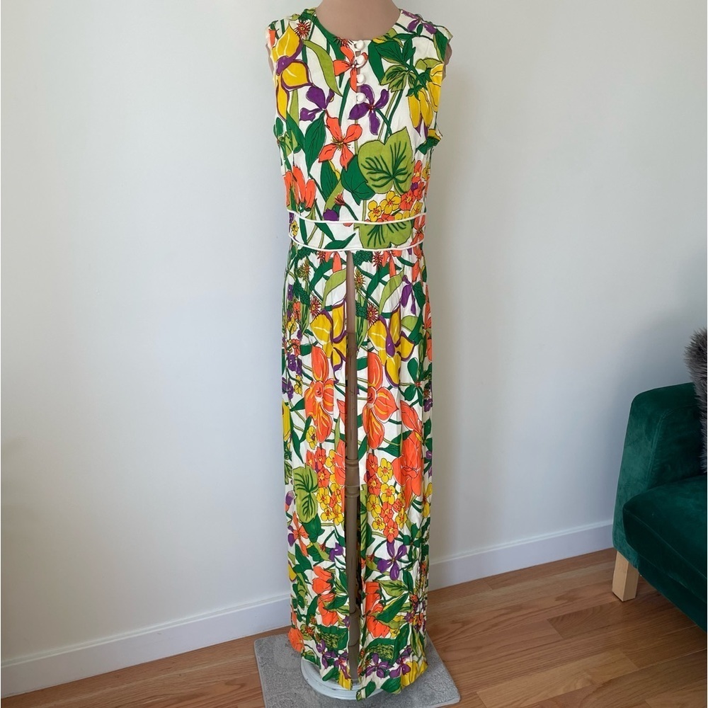 Vintage 60's-70's Mod Floral Print Maxi Floor Length Sleeveless Front Slit Top 6